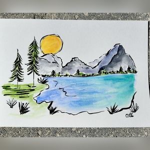 Mountain view Original Ink and watercolor painting